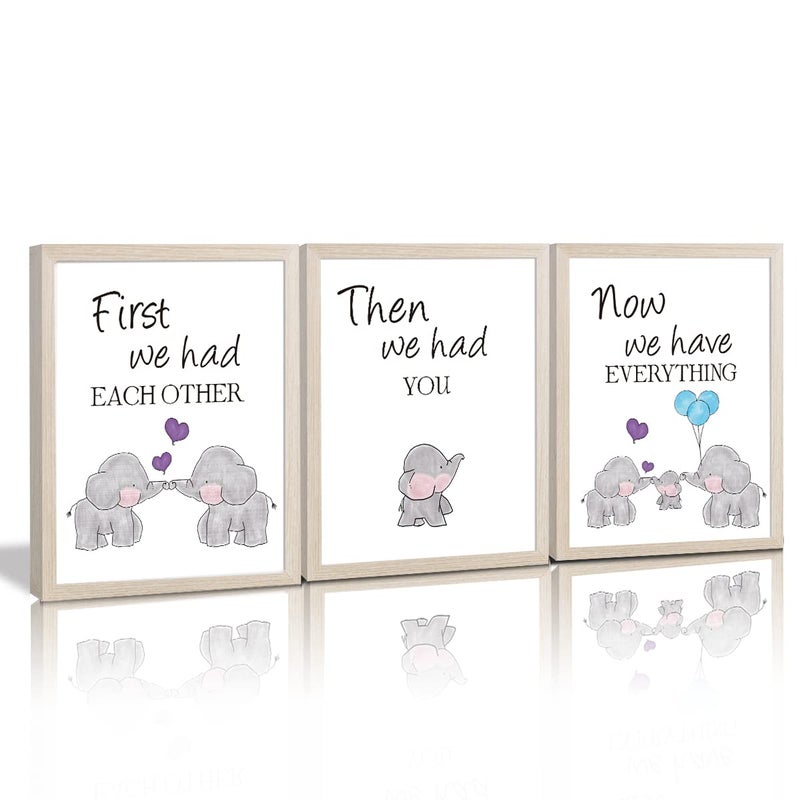 KAIRNE Watercolor Elephant Family Framed Canvas Wall Art ,First We Had Each Other Quote Art Print,Nursery Animal Love Words Picture Ready to Hang For Kids Room Decor - Image 1